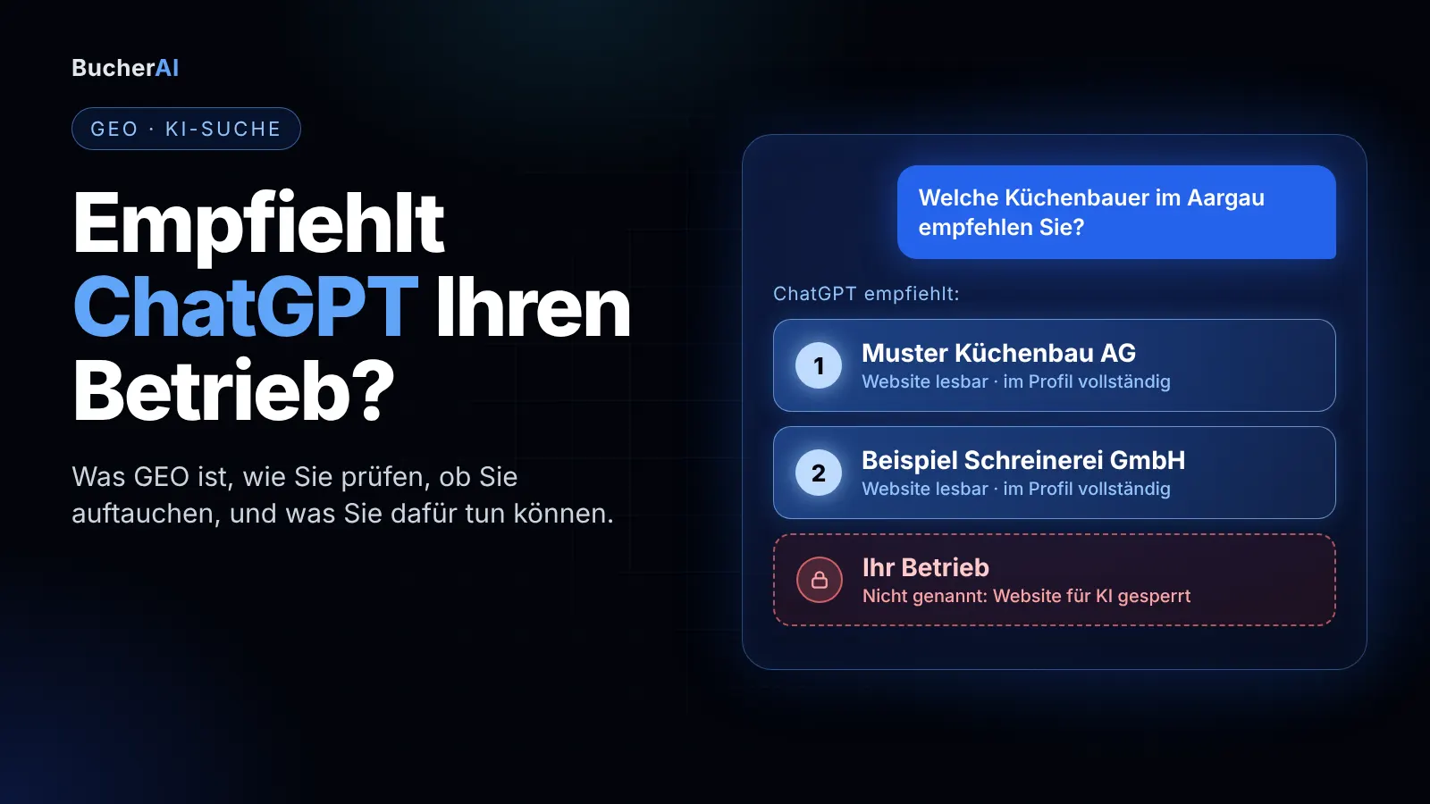 ChatGPT-Antwort mit zwei empfohlenen Küchenbauern. Der dritte Betrieb, „Ihr Betrieb“, wird nicht genannt, weil seine Website für KI gesperrt ist.