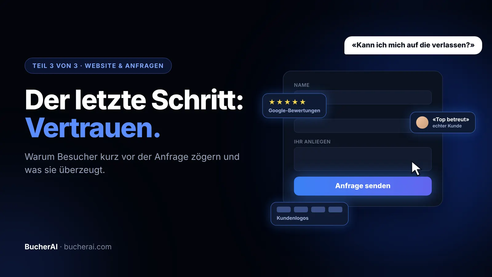 Kontaktformular mit Google-Bewertungen, Kundenlogos und einem Kundenzitat, darüber die Frage «Kann ich mich auf die verlassen?». Titel: Der letzte Schritt: Vertrauen. Teil 3 von 3, Website & Anfragen.
